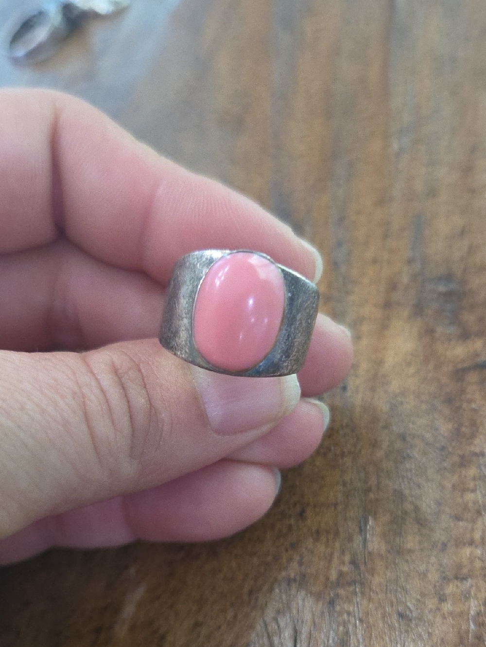 Sterling-Style Pink Oval Cabochon Wide Band Ring